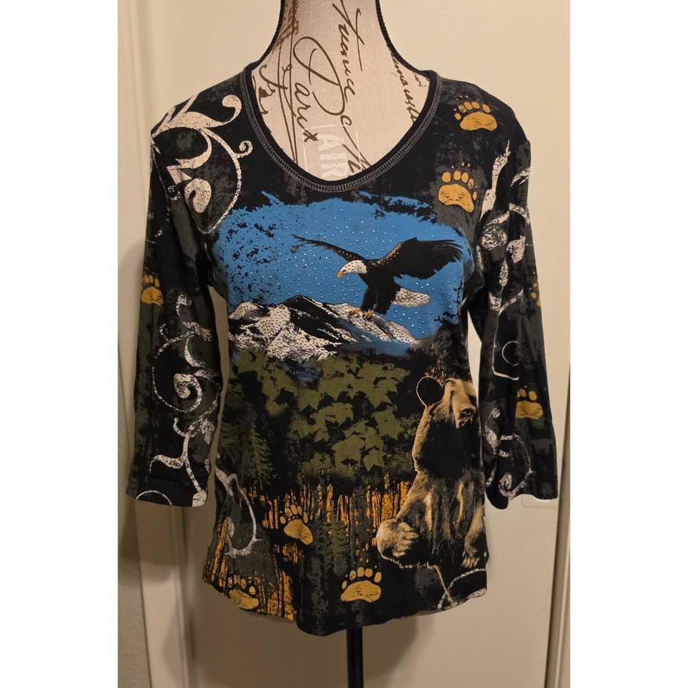 Cactus Bay Apparel Eagle Bear Mountain Nature Print Rhinestone Top Black Med USA